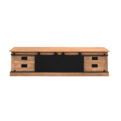 Massief houten TV-meubel met zwarte stalen schuifdeuren en lades, rustiek design, op maat gemaakt, perfect voor modern en industrieel interieur, hoogwaardige afwerking door Mokana Meubelen.