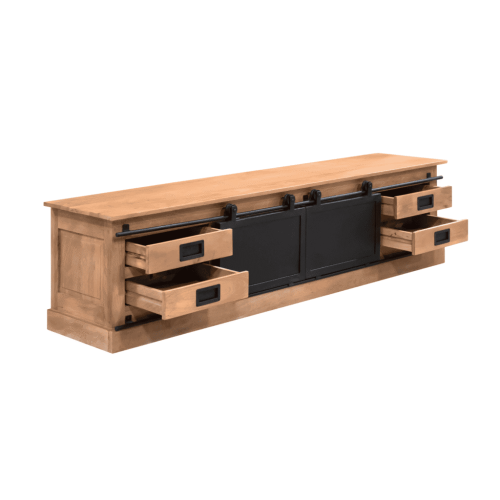 Massief houten tv-meubel met zwarte schuifdeuren en houten lades, industrieel design, ruime opbergruimte, perfect voor modern interieur.