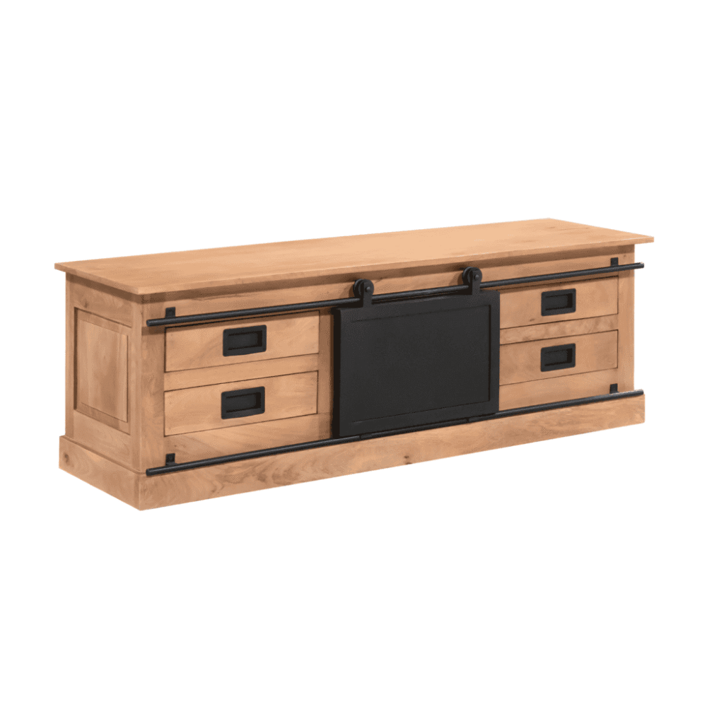 Massief houten tv-meubel met schuifdeuren en lade, landelijk woonstijl, opbergruimte voor living en slaapkamer, stoer en functioneel design, zwart metalen handgrepen, natuurlijke houtafwerking.