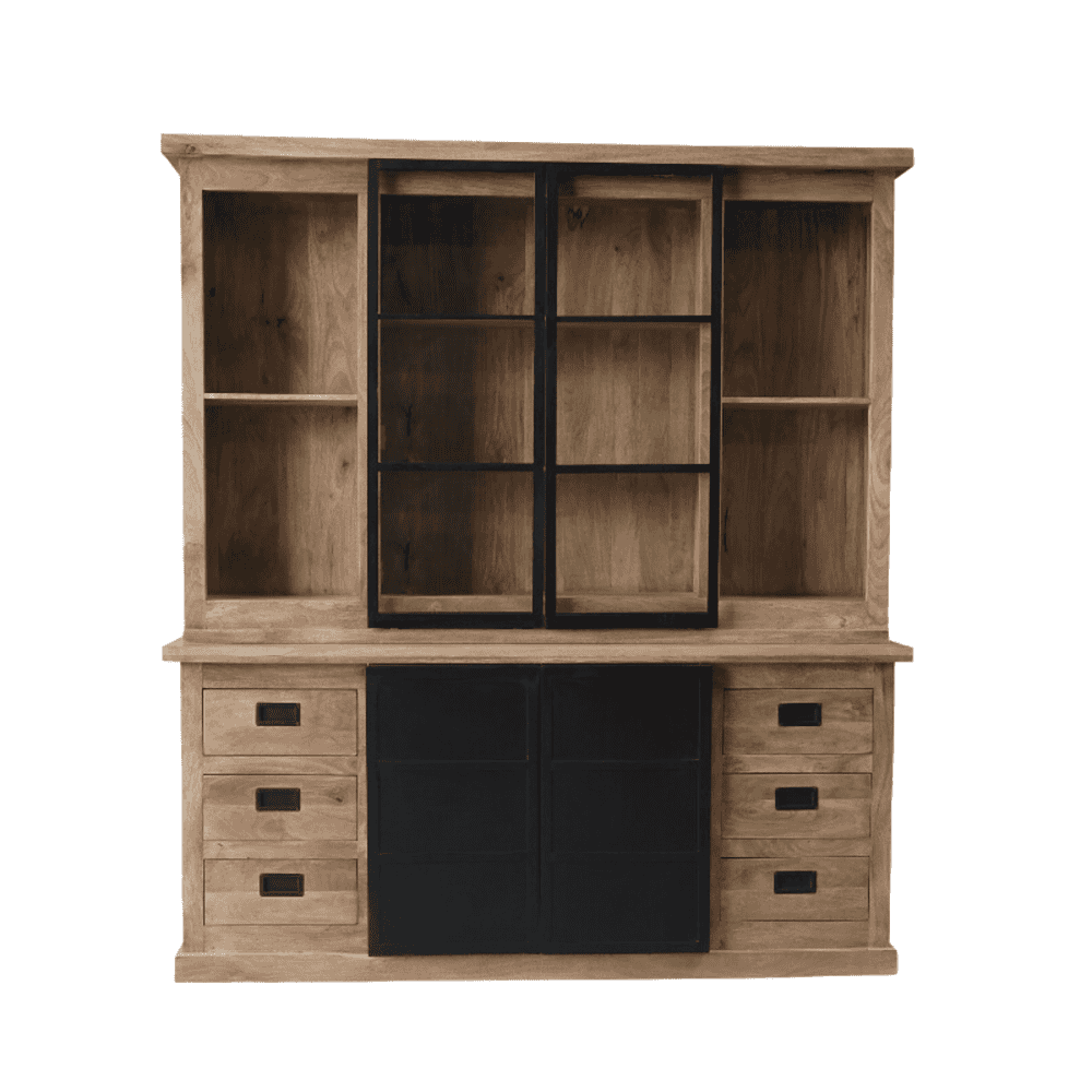 Massief houten dressoir met glazen schuifdeuren en praktische laden, perfect voor landelijke of moderne interieurstijlen.