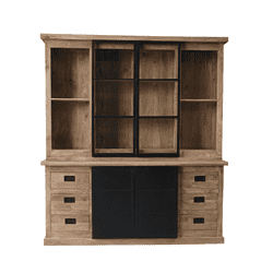 Massief houten dressoir met glazen schuifdeuren en praktische laden, perfect voor landelijke of moderne interieurstijlen.