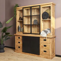 Elegante houten vitrinekast met zwart metalen accenten, perfect voor moderne woonruimtes, gecombineerd met decoratieve accessoires voor aarding en stijl.