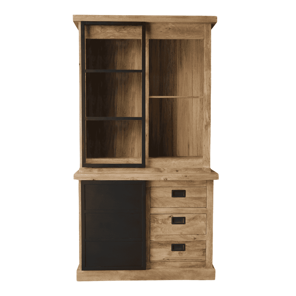 Robuuste houten kast met zwarte metalen accenten, perfect voor modern of industrieel interieur. Voldoende opbergruimte met lade en vakken, ideaal voor woonkamer, keuken of kantoor.