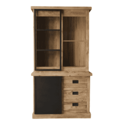 Vintage houten dressoir met industrieel zwart metalen accenten en meerdere opbergruimtes voor woonkamer of eetkamer.
