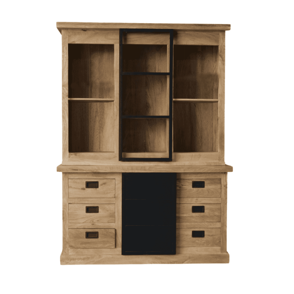 Hoogwaardige houten landelijke vitrine met zwart metalen details, geschikt voor keukens en woonkamers. Modern vintage design met praktische opbergruimte en stijlvolle uitstraling.