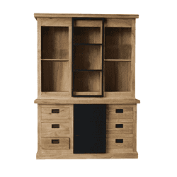 Robuuste houten wandkast met zwarte metalen details, perfect voor woonkamer of keuken, combineert natuurlijke materialen en industrieel design voor een stijlvolle opbergoplossing.