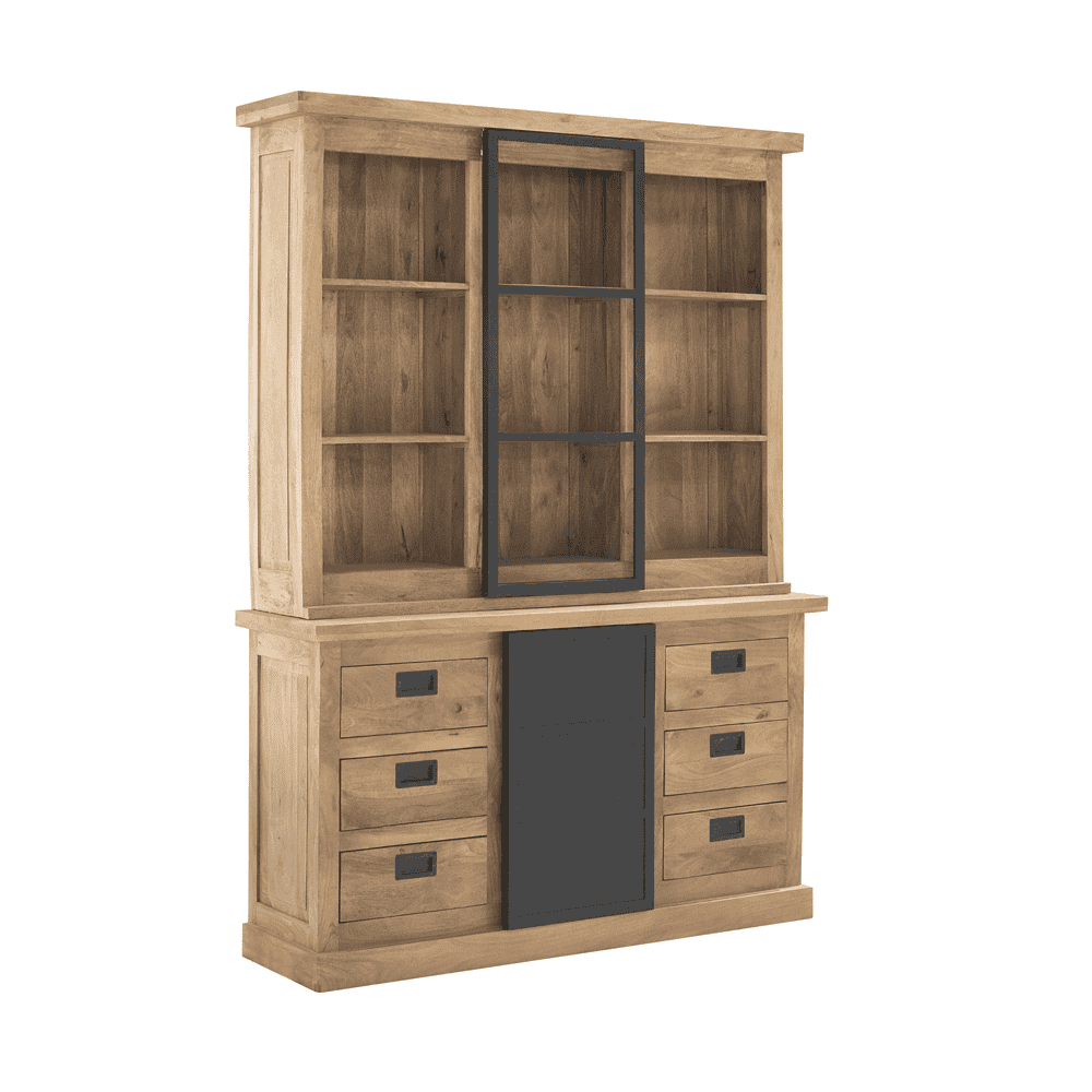 Massief houten buffetkast met zwart metalen details, uniek vakmanschap, elegant design, op maat gemaakt, hoogwaardige afwerking, modern landelijke stijl, ruime opbergmogelijkheden, geschikt voor woonkamer of eetkamer.