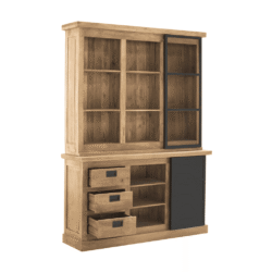 Houten vitrinekast met zwart metalen frame en lades, modern industrieel design, perfect voor industrieel of landelijk interieur, gemaakt van duurzaam massief hout.