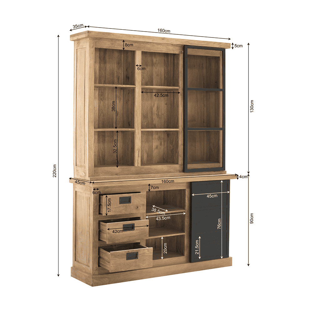 Kominek van massief hout met zwarte accenten en meerdere open vakken en lades, perfect voor landelijke of stijlvolle interieurdecoratie.