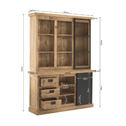 Klassiek houten vitrine met donker metalen omlijsting, veelzijdig opbergmeubel in oosterse stijl voor woonkamer of keuken, handgemaakt van massief mango hout, duurzame meubels van Mokana.