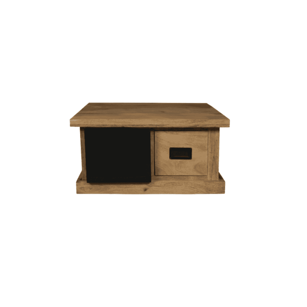 Robuuste houten salontafel met zwart deurtje en lade, handgemaakt meubel, op maat gemaakt, industrieel design, landelijke stijl, duurzaam houten materiaal, woonaccessoire, moderne en vintage meubelcollectie.