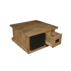Festool houten salontafel met lade, opbergruimte, landelijke uitstraling, ambachtelijk meubel van hoogwaardige kwaliteit.