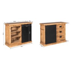 Robuuste houten dressoir met zwarte uitschuifdeuren, 96 cm breed - multifunctionele meubelopstelling voor woon- of eetkamer. Slim design met opbergruimte en vintage uitstraling.