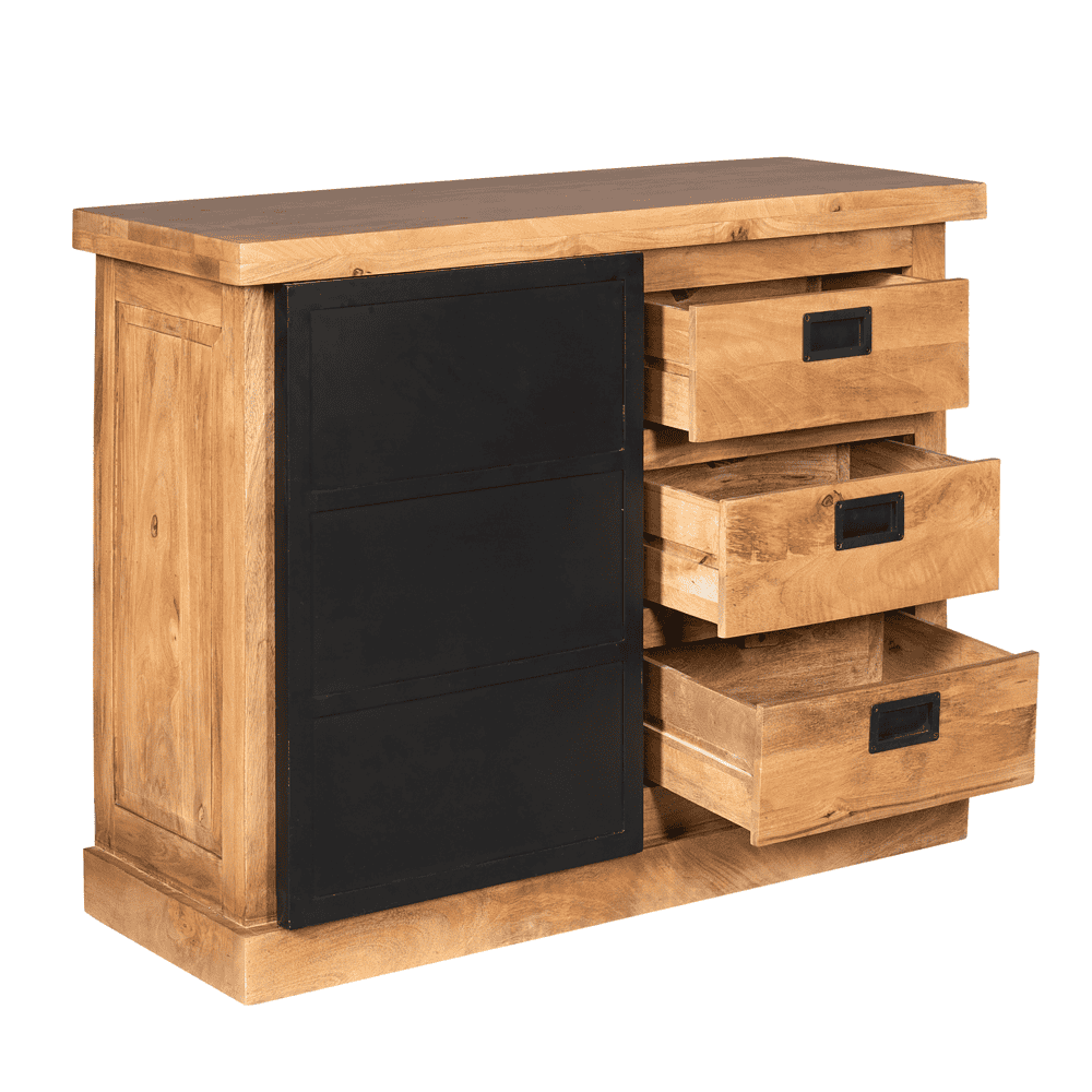 Houten dressoir met zwarte metalen schuifdeuren en ladefronten, industrieel ontwerp, perfect voor landelijke of moderne interieurstijl.