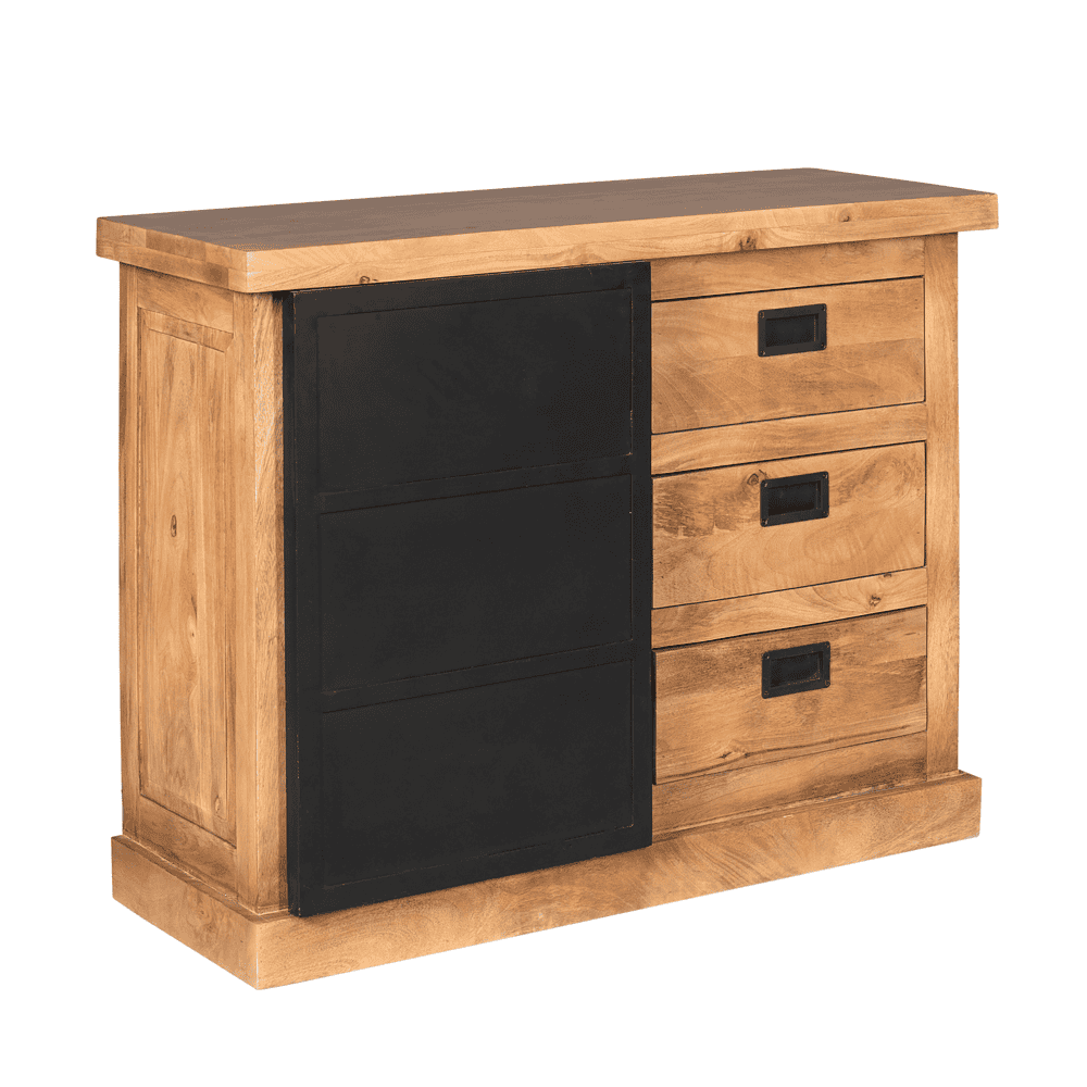 Natuurlijke houten commode met zwarte softclose-deuren en drie lades, industrieel design, handgemaakt, hoge kwaliteit meubel, Mokana Meubelen.