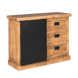Natuurlijke houten commode met zwarte softclose-deuren en drie lades, industrieel design, handgemaakt, hoge kwaliteit meubel, Mokana Meubelen.