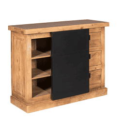 Robuuste houten dressoir met zwarte metalen schuifdeuren, perfect voor landelijke of industrial chic interieurs, met ruime opbergvakken en houten kast achter metalen schuifdeuren.