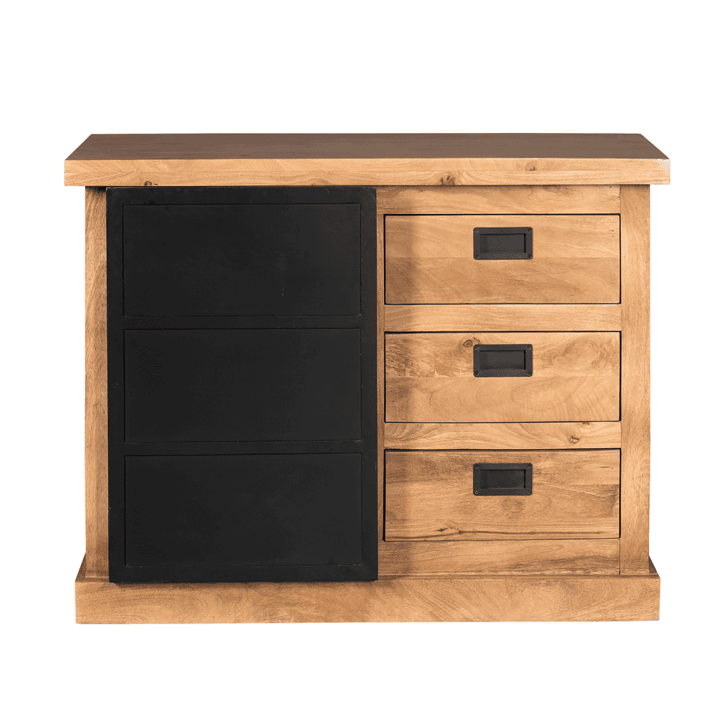 Massief houten dressoir met zwart metalen details, perfecte combinatie van rustiek en industrieel design, originele meubelstukken van Mokana Meubelen voor een unieke woonstijl.