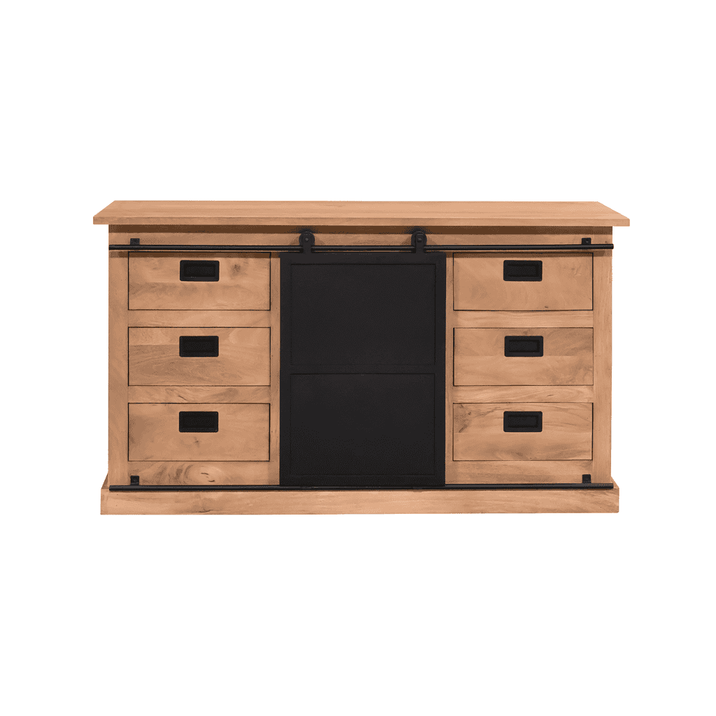 Houten dressoir met een zwart metalen schuifdeur en meerdere lades, industrieel design, gemaakt van duurzaam massief hout, perfect voor landelijke en moderne interieurs.