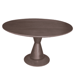Elegant eettafel van massief hout met een ronde blad en centrale poot, perfect voor moderne en landelijke interieurs.