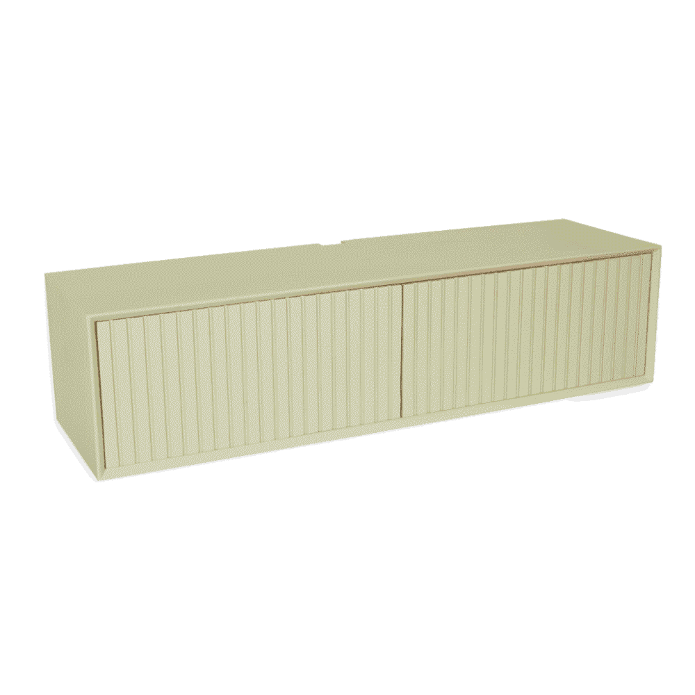 Strakke beige vintage houten dressoir met schuifdeuren, perfect voor een retro woonkamer of slaapkamer, ook ideaal voor opslag en decoratie in huis.
