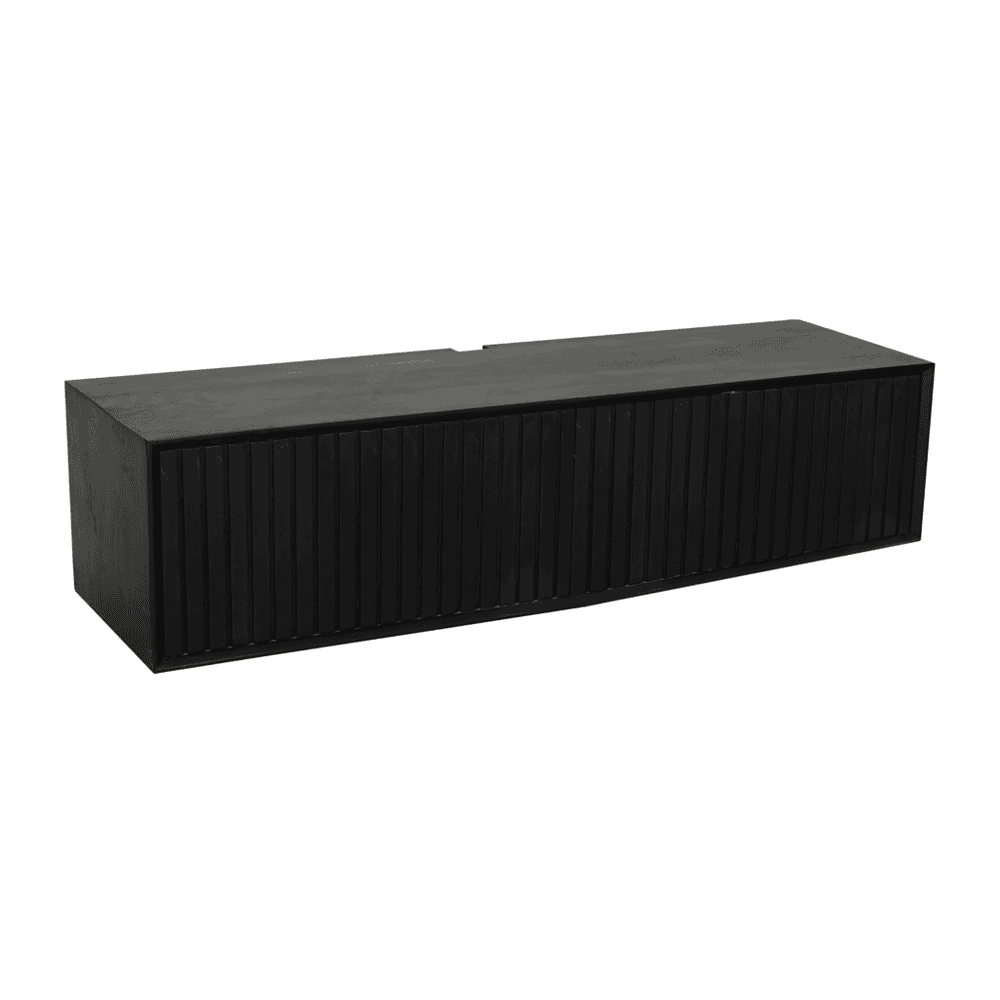 Lage zwart dressoir van Mokana meubels, modern design met houten uitstraling en schuifdeuren, perfect voor stijlvolle en functionele opbergoplossingen in woonkamer of kantoor.