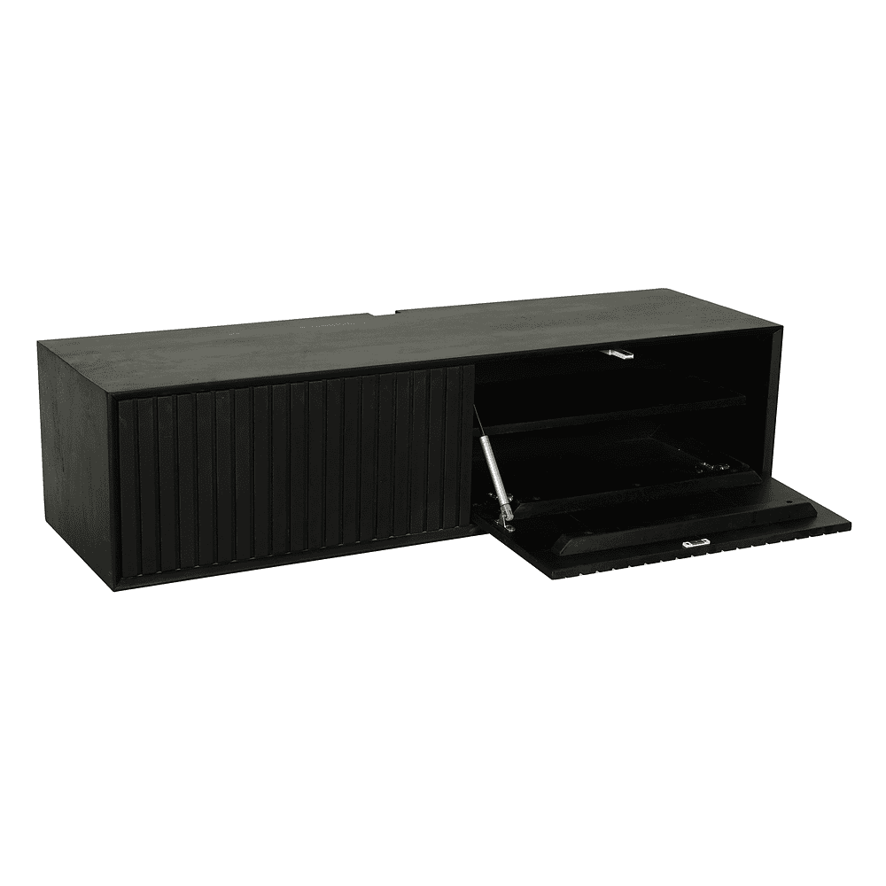 Strakke zwarte tv meubel met schuifdeuren en praktische opbergruimte, perfect voor moderne interieurs en het organiseren van media-apparatuur.