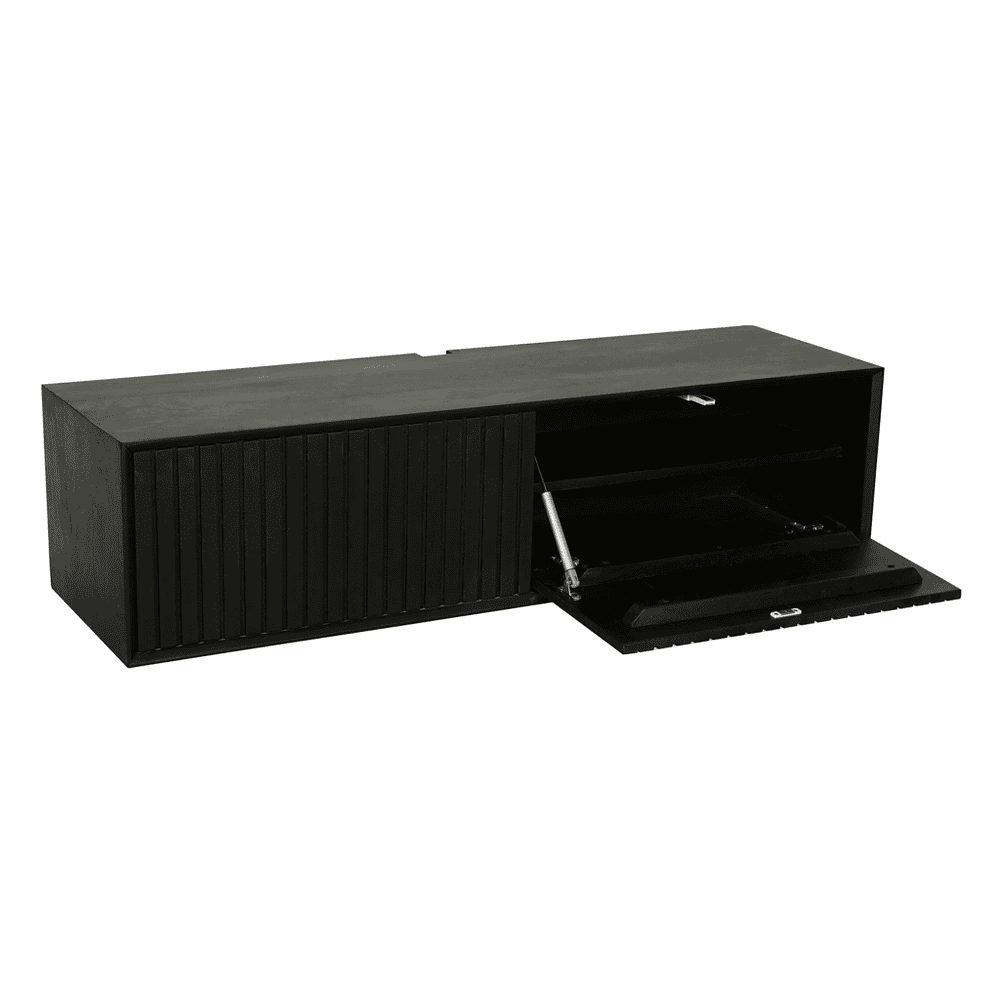 Stijlvolle zwarte houten TV-meubel met vlinderdelige deur en meerdere opberglocaties, perfect voor moderne woonkamers en entertainment.