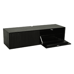 Stijlvolle zwarte houten TV-meubel met vlinderdelige deur en meerdere opberglocaties, perfect voor moderne woonkamers en entertainment.