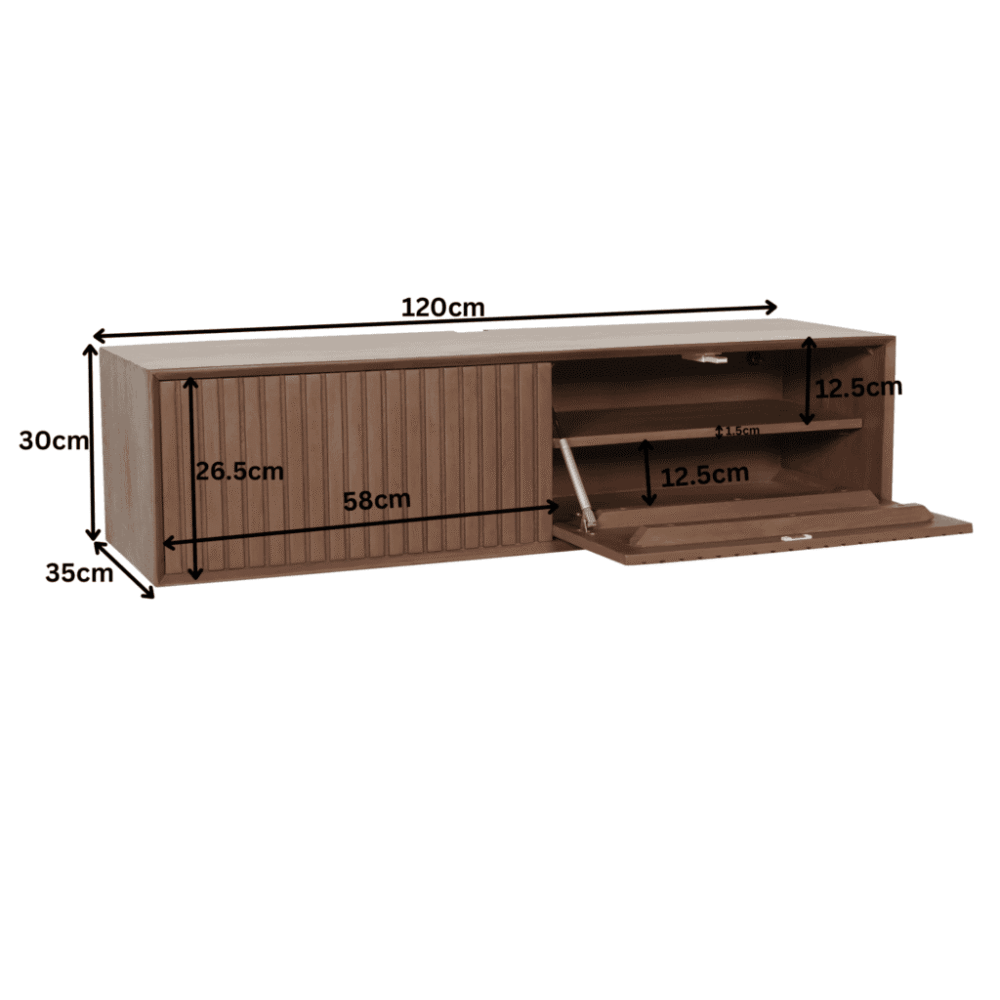 Houten mediabox met schuifdeuren en open vakken, praktische opbergoplossing voor woonkamer of tv-kamer, afmetingen: 120 cm breed, 30 cm hoog, 35 cm diep.