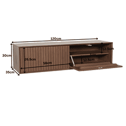 Handgemaakte houten tv-meubel met schuifdeuren en verstelbare planken, modern design, maat 120x35x30cm, ideaal voor woonkamer, high-quality fineerhout, opbergruimte voor audiovisuele apparatuur.