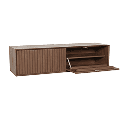 Elegante houten tv-meubel met schuifdeuren en open vakken, perfect voor moderne woonkamers. Materiaal van hoogwaardig hout afgewerkt in natuurkleuren voor een tijdloze uitstraling.
