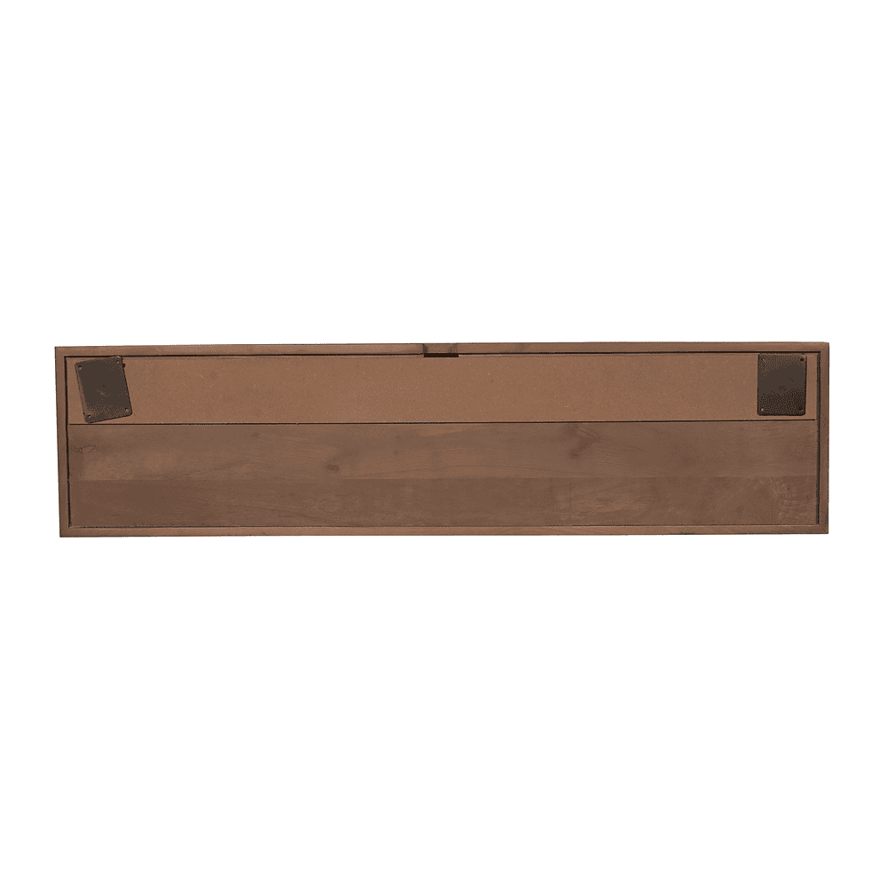 Ronde houten wandplank met metalen bevestigingspunten voor moderne woonkamer of slaapkamer. Elegante en praktische muurdecoratie van Mokana Meubelen met natuurlijke afwerking.