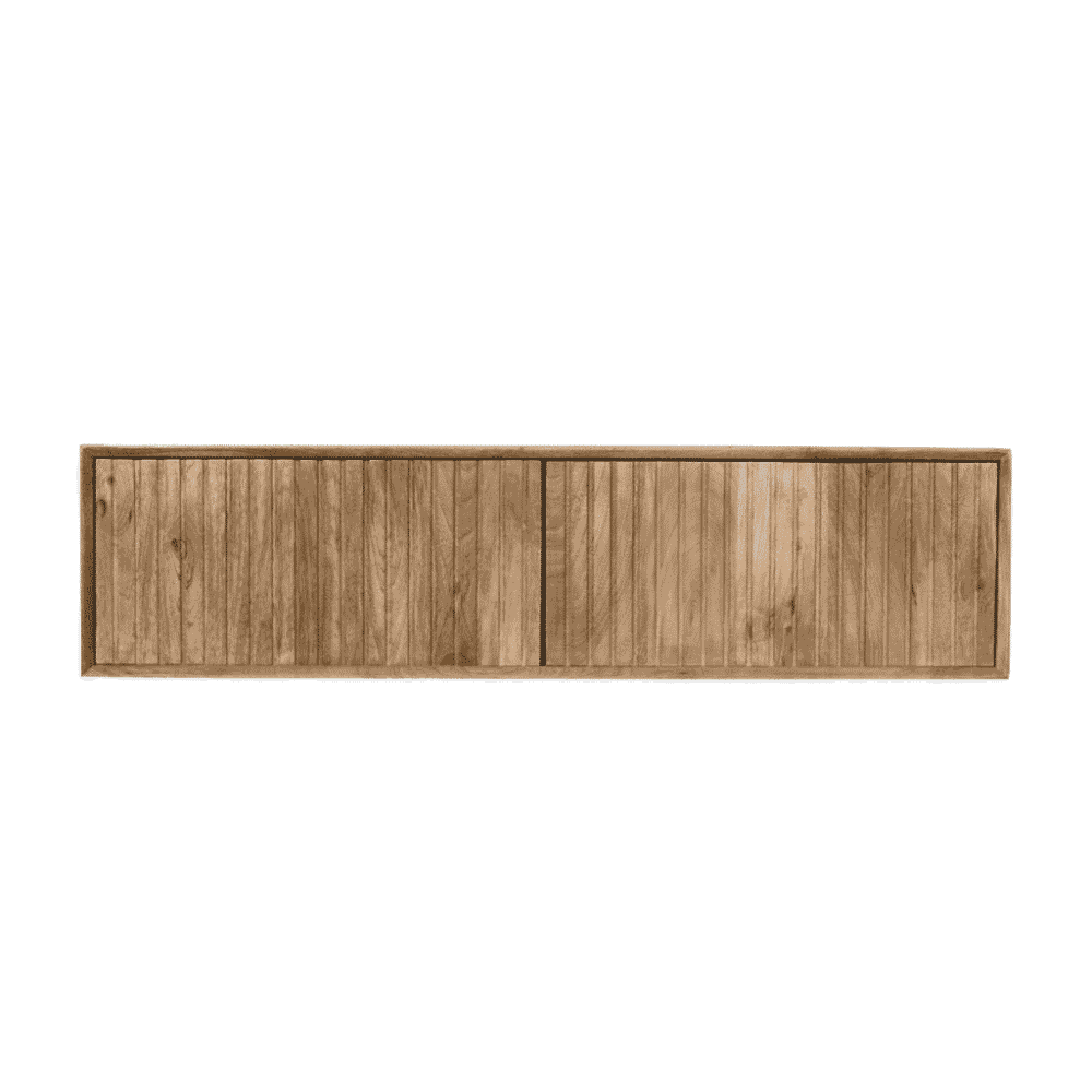 Eco-vriendelijk houten tv-meubel met schuifdeuren, Scandinavisch design en natuurlijke afwerking. Perfect voor een moderne en warm ingerichte woonkamer.