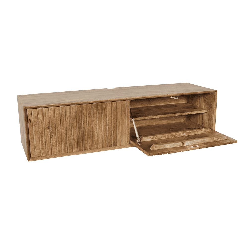 Gepast houten wandkast met schuifdeur en extra opbergruimte, perfect voor woonkamer en slaapkamer. Op maat gemaakt door Mokana Meubelen, Breda.