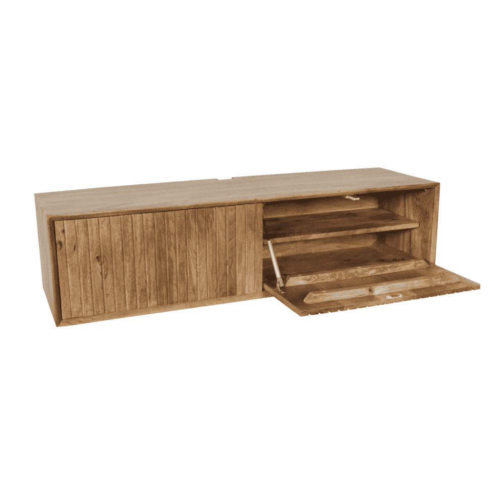 Rustieke houten wandkast met schuifdeur en verstelbare planken voor moderne of landelijke interieurstijlen. Perfect voor opbergoplossingen en decoratie in woonkamer, keuken of slaapkamer.