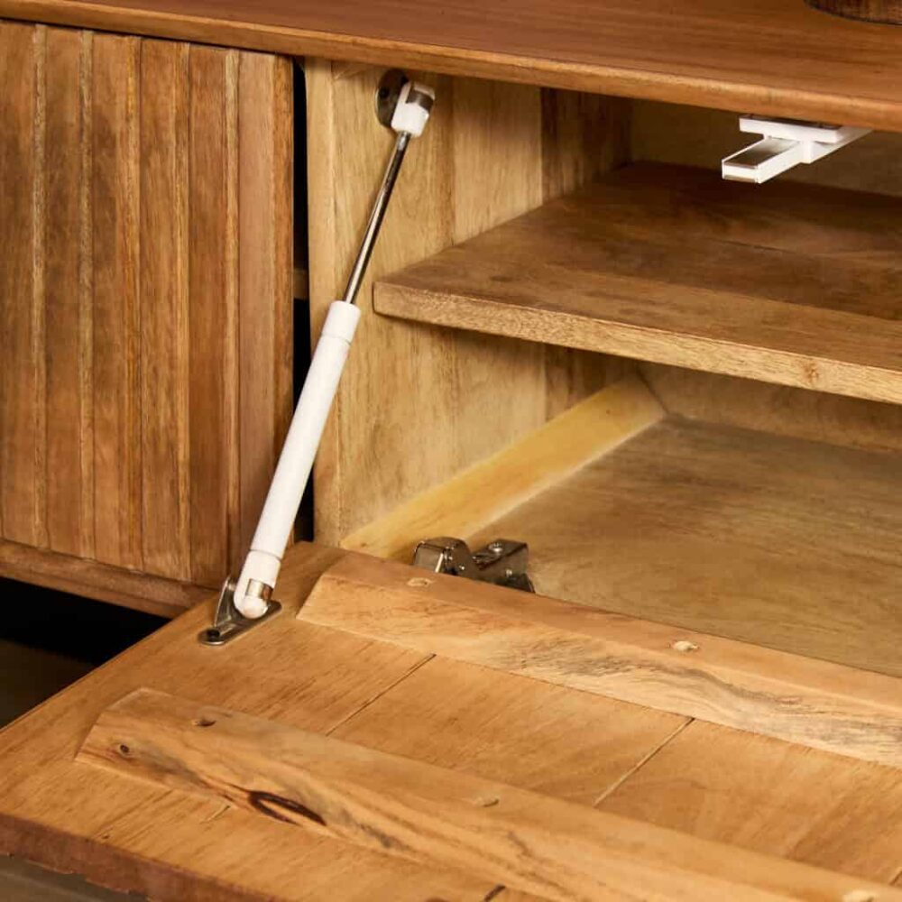 Verdieping scharnier voor houten meubel, stevige constructie voor vleugel of kast, gepoedercoat metalen details, meubelverrijder voor stevigheid, ambachtelijke houtbewerking.