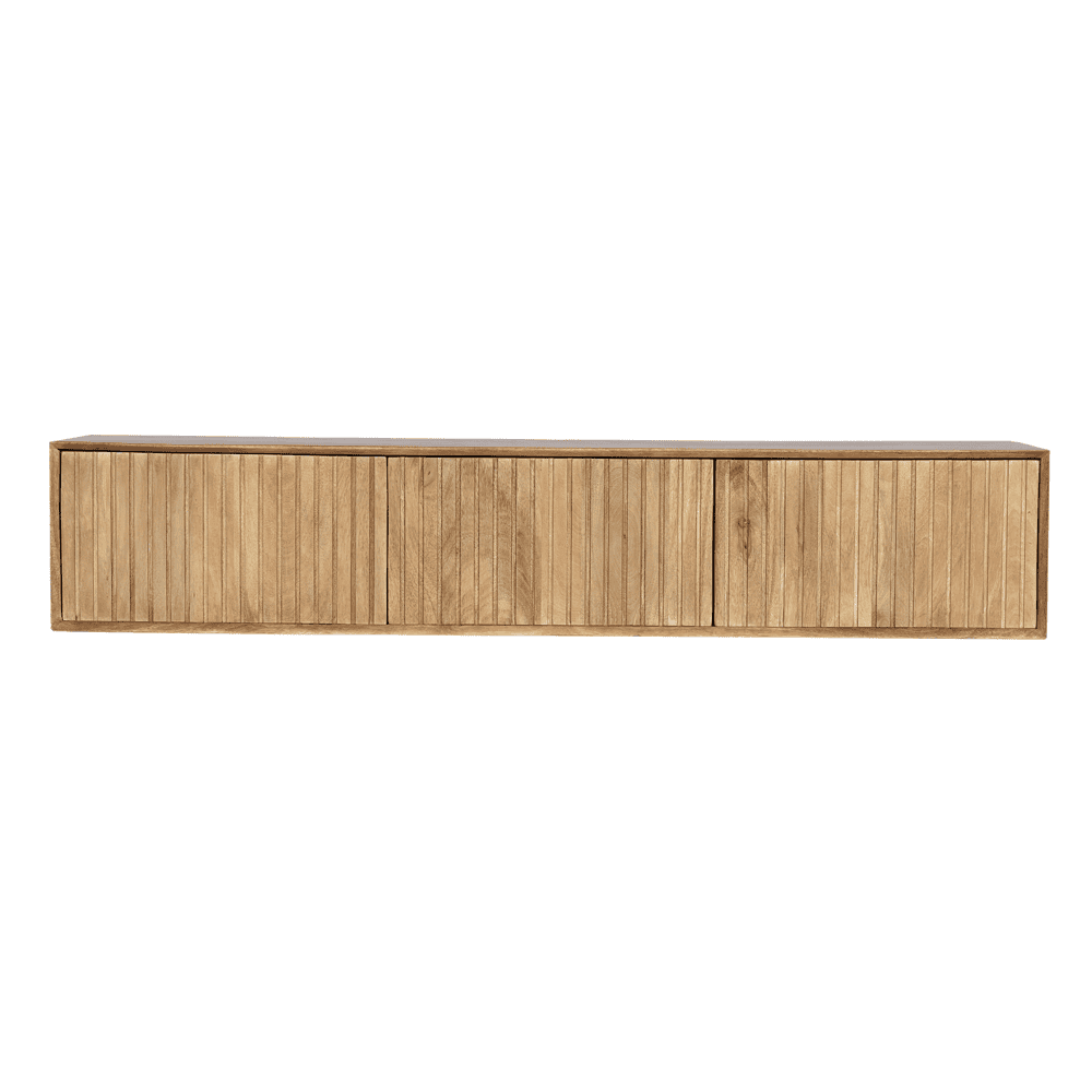 Grote houten tv-meubel van mangohout met natuurlijke afwerking, gestoffeerd opbergmeubel met louverdeuren, modern design voor woonkamers, vakmanschap van Mokana Meubelen.