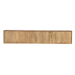 Grote houten tv-meubel van mangohout met natuurlijke afwerking, gestoffeerd opbergmeubel met louverdeuren, modern design voor woonkamers, vakmanschap van Mokana Meubelen.