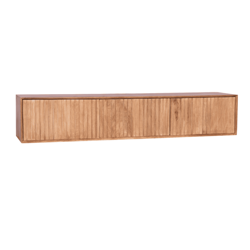 Moderne houten tv-meubel met slanke horizontale lijnen en natuurlijke afwerking, perfect voor landelijke of moderne interieurs.