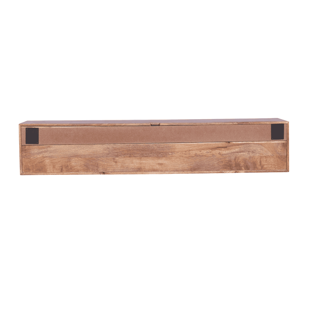 Houten wandplank van massief hout met metalen montageplaten, praktisch en stijlvol voor in de woonkamer of keuken. Perfect voor het opbergen en showen van decoraties en accessoires.