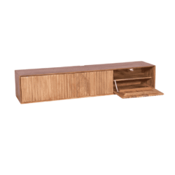 Eikenhouten TV-meubel met schuifdeuren en uitschuifbare opbergplanken, modern design, handgemaakt meubel, perfect voor stijlvolle woonkamer inrichting.