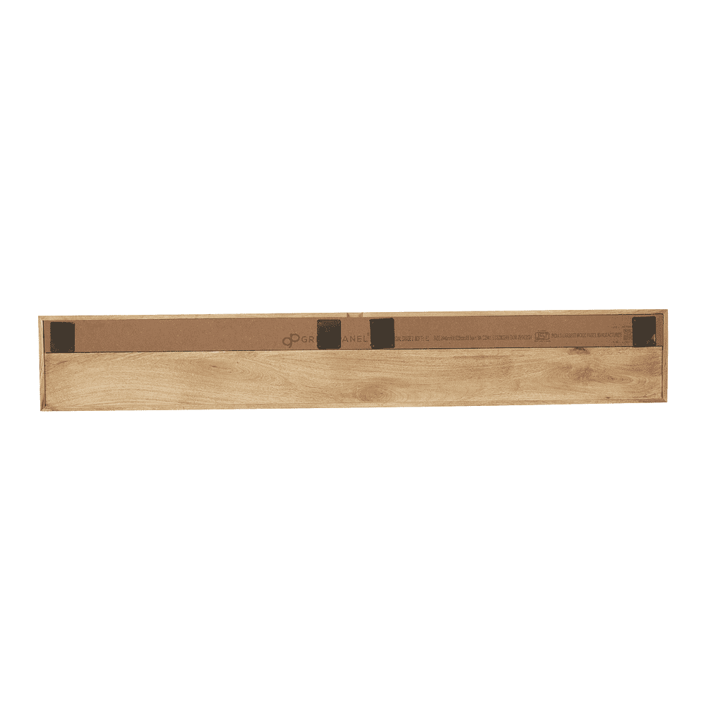 Elegante houten wandplank van massief eikenhout met zwart metalen bevestigingsringen, perfect voor woonkamer of slaapkamer.