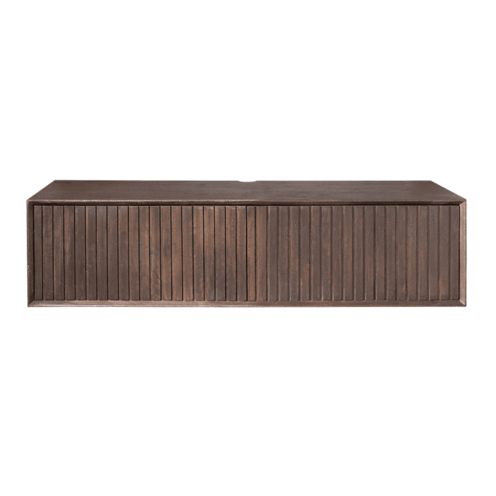 Strakke houten tv-meubel met slanke verticale strepen, industrieel design hout, rustiek afwerking, modern en functioneel, perfect voor woonkamer of entertainmentruimte.