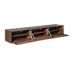 Vintage houten TV-meubel met laaddeuren en verstelbare planken, perfect voor organiserbare opbergruimte, gemaakt van massief hout, stoer en functioneel design voor woonkamer.