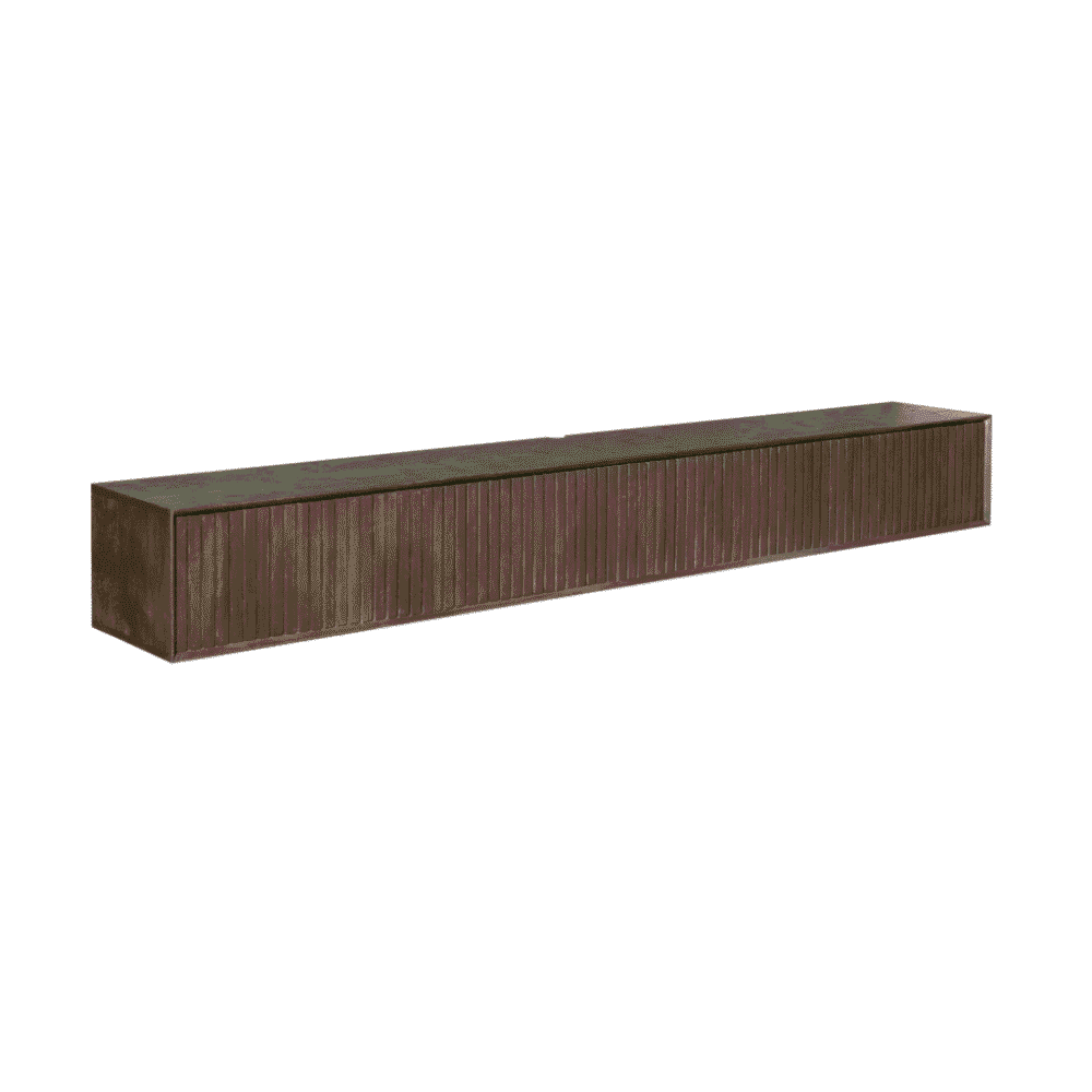 Elegante houten tv-meubel met verticale lamellen details, perfect voor moderne interieurs en veel opbergruimte.