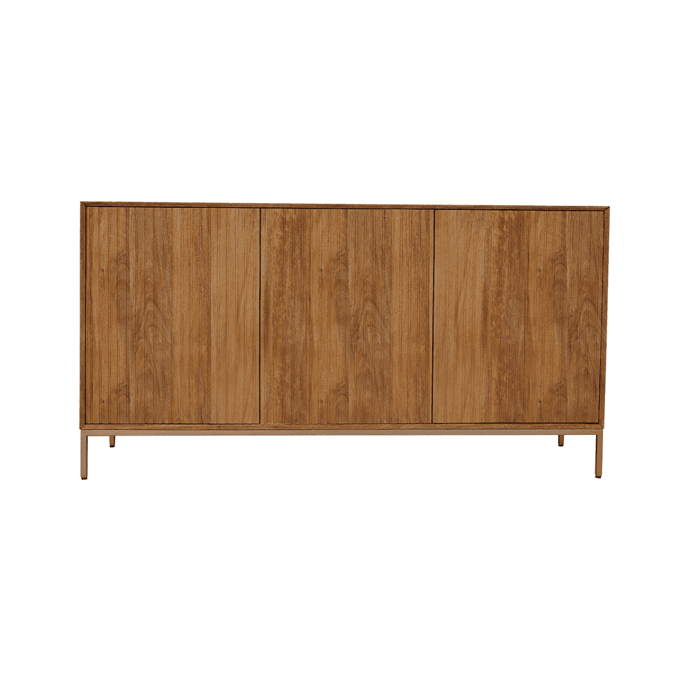Minimalistische houten dressoir met metalen poten, perfect voor moderne interieurs en opbergen. Elegante en duurzame meubelmakerij van Mokana Meubelen voor een stijlvolle woonkamer.