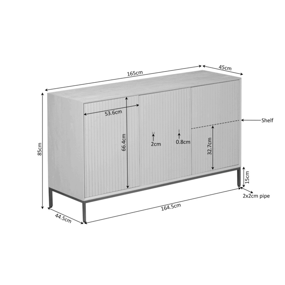 Robuuste houten dressoirkast met afmetingen 165x45x85 cm en handige opbergruimte, perfect voor moderne Eettafels en meubels van Mokana Meubelen.