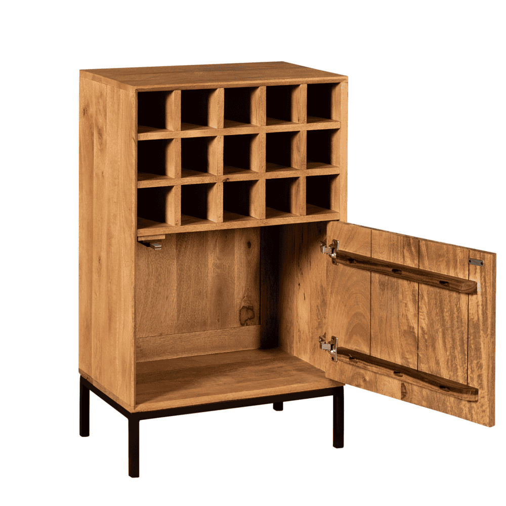 Vintage houten wijnkast met 16 vakken en houten deur, modern design, geschikt voor woonkeuken of wijnkelder, gemaakt door Mokana Meubelen, natuurlijke houtafwerking.