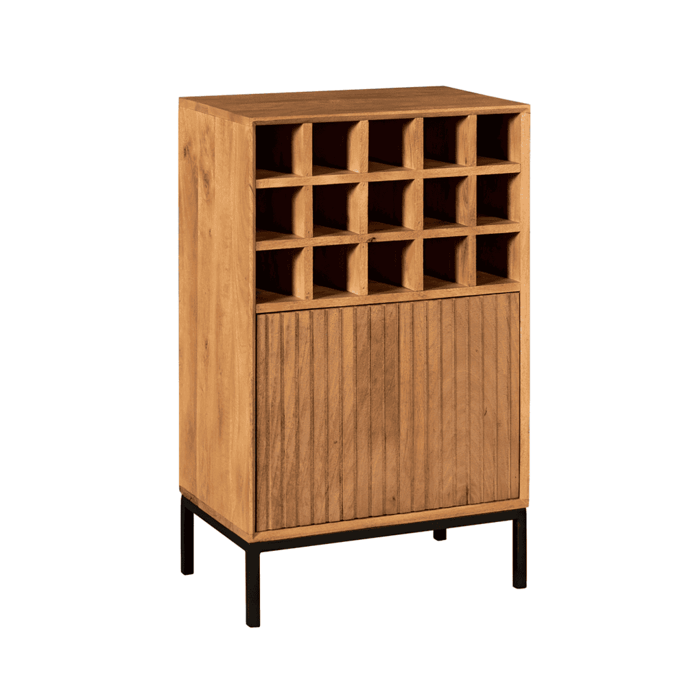 Modern houten wijnkast met 12 vakken en houten deur, industrieel design, vakmanschap en natuurlijke afwerking, perfect voor wijncollecties en woonkamer decoratie.